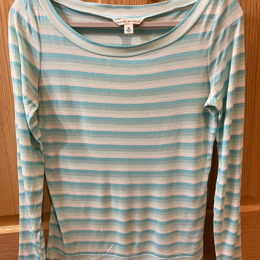 Banana Republic Aqua and White Striped Long Sleeve Tee